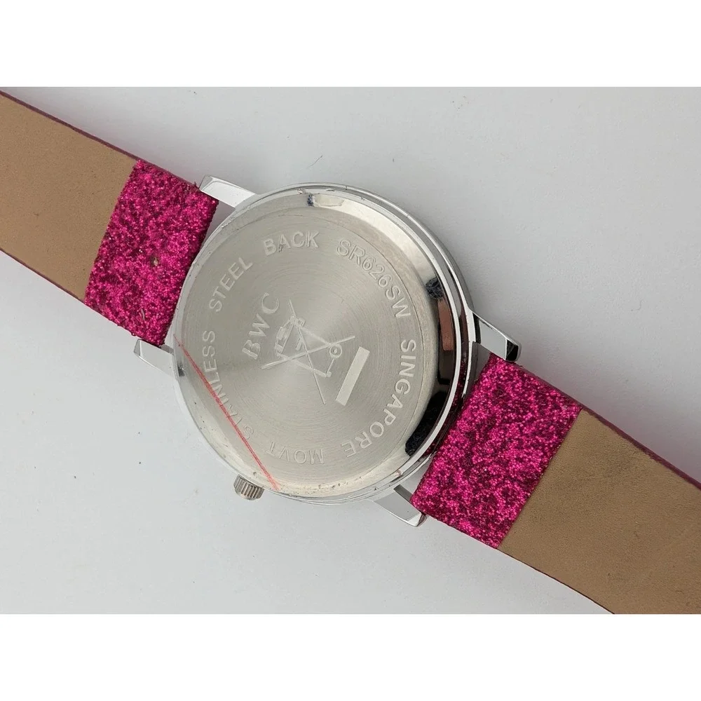 Avon‎ Glitter Watch Women 34mm Silver Case Pink Glitter Band- New Battery